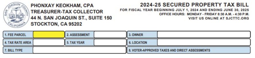 Sample property tax bill showing boxed property information (assessment number, fee parcel number, owner name and address) and where to find them.